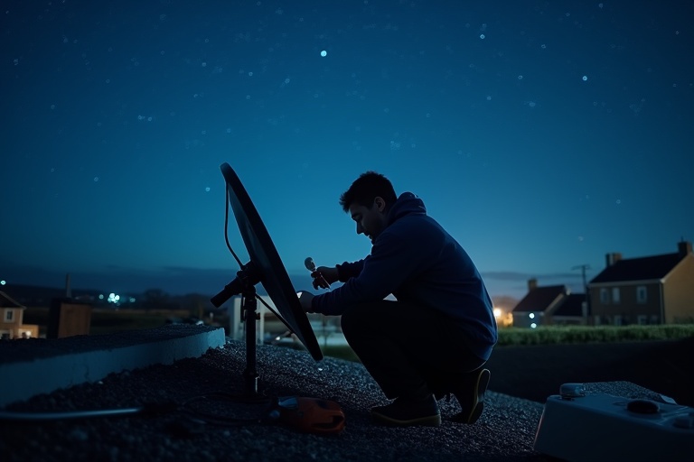 Person installs wireless satellite connection at night in Ireland. Quiet rural setting with a starry sky. Roof top location with visible house lights in the background.