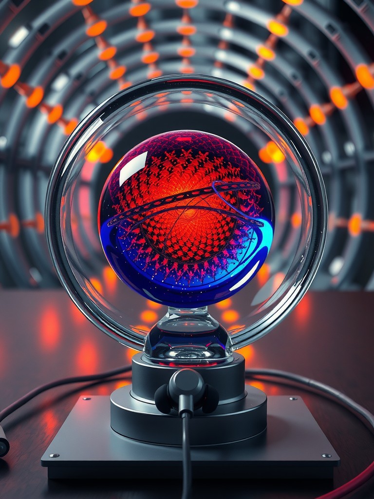 A glowing orb with intricate patterns inside a clear sphere, set against a high-tech background with orange lights.