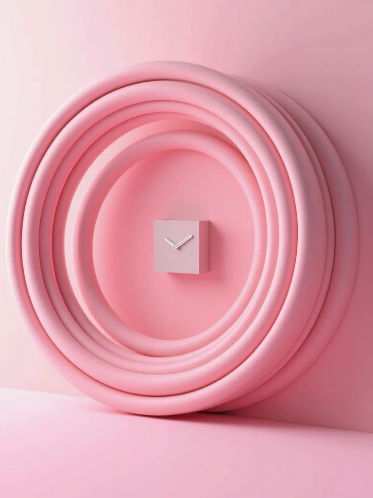 A pink square clock with white hands is set against a background of circular pink layers.