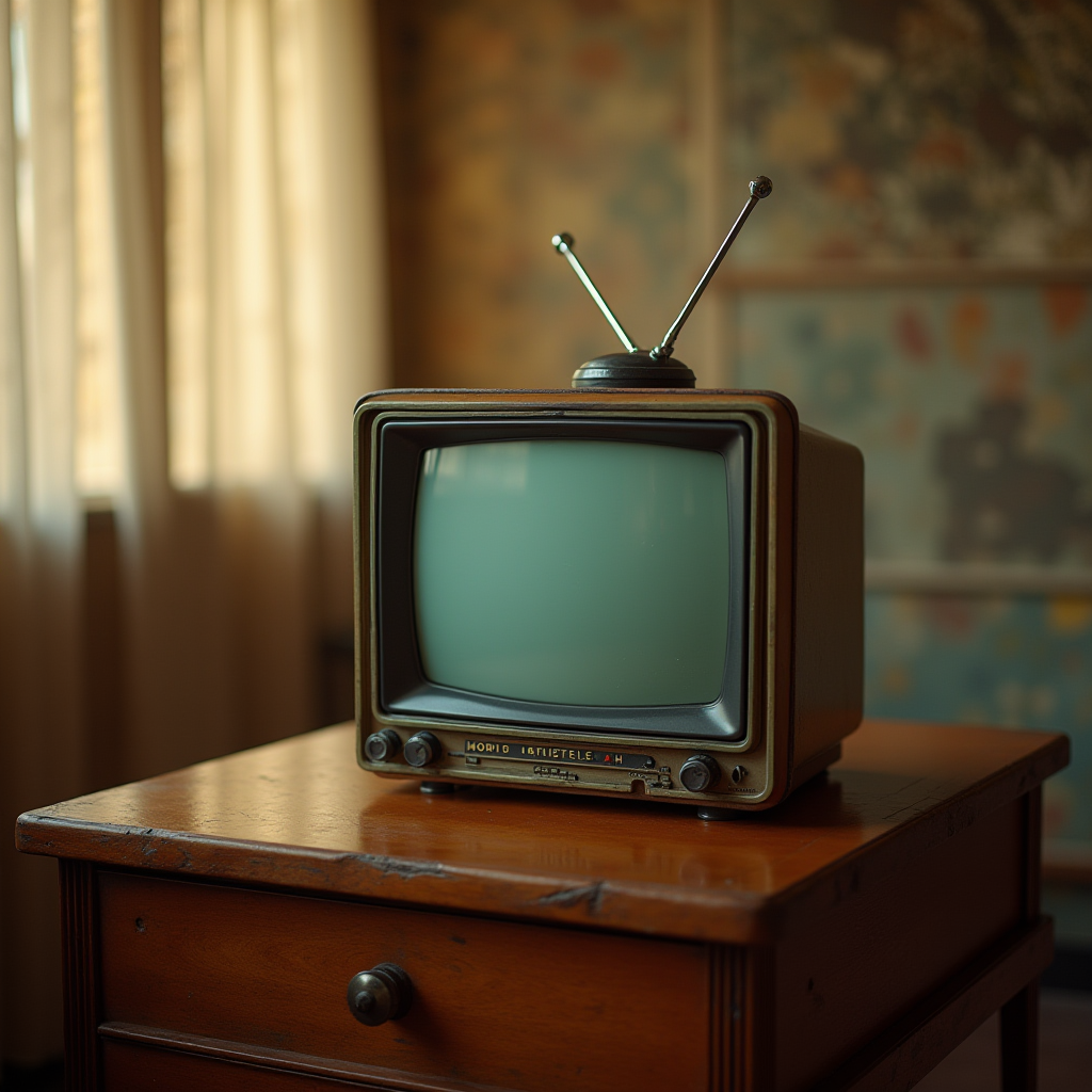 A vintage television set sits on a wooden table in a warmly lit room.