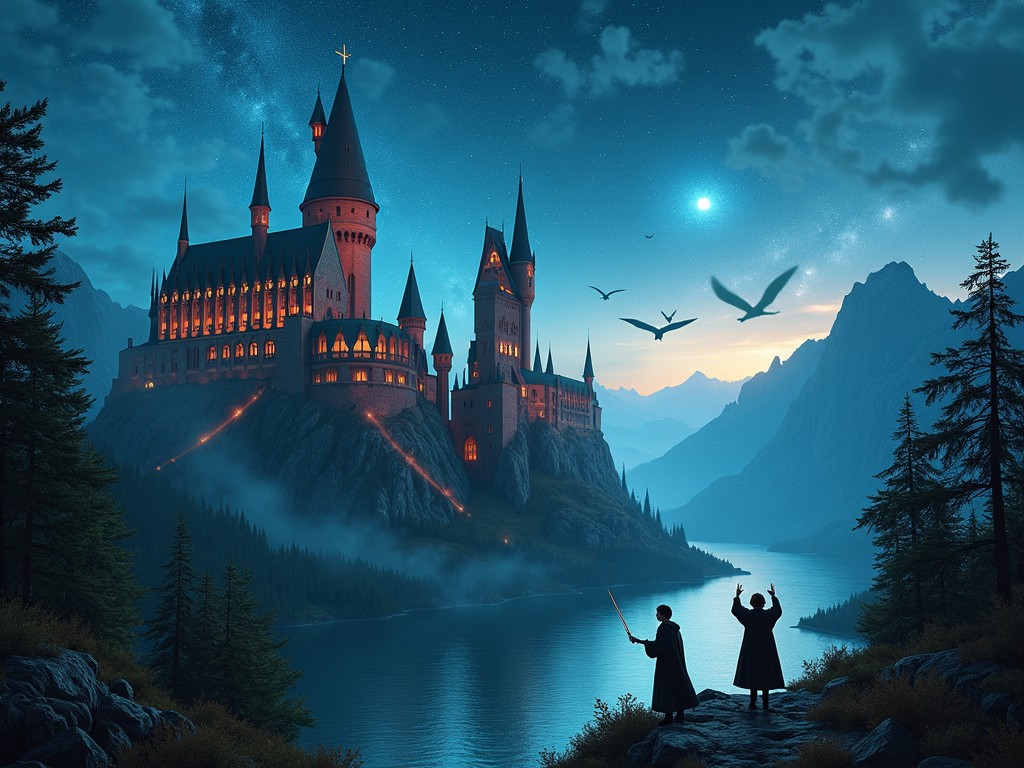 A magical castle illuminated at night, with two wizards casting spells, silhouetted against a starry sky. Dragons fly above the mist-covered mountains.