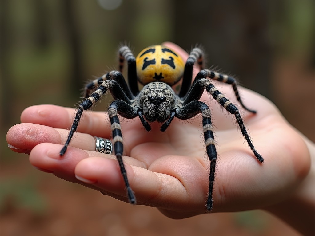 A striking image showing a person holding a large, unusual spider with a yellow and black patterned abdomen. The spider's detailed anatomy, with its striped legs and fuzzy texture, creates a mesmerizing contrast against the human hand. The background is a soft blur, focusing attention on the interaction between the arachnid and its handler.