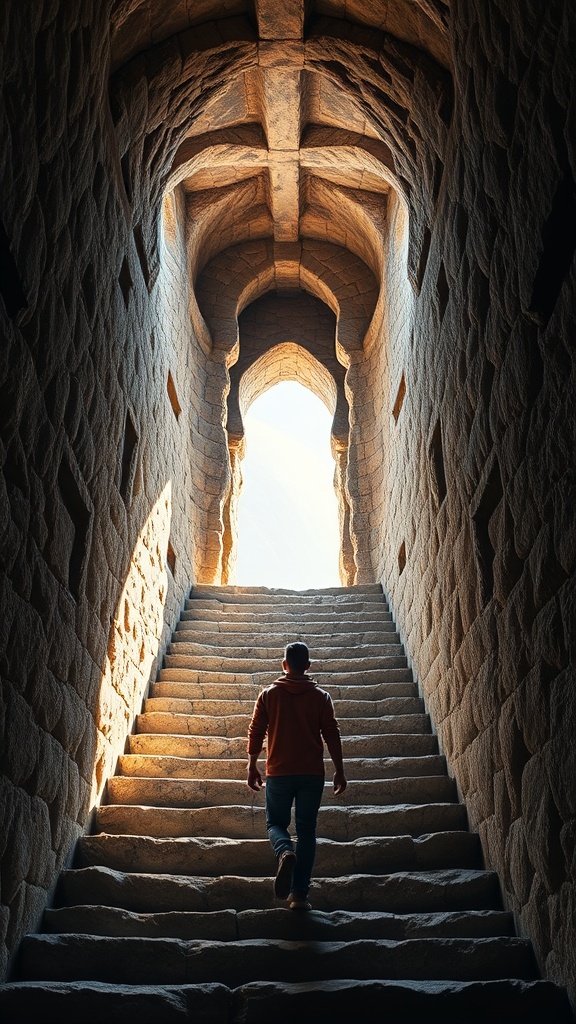 A lone figure ascends a grand stone staircase, leading through an ancient arched passageway. Light cascades down from above, illuminating the textured stone walls and creating a dramatic contrast between shadow and light. The scene exudes a sense of mystery and exploration, as if the traveler is journeying toward an unknown destination beyond the archway.