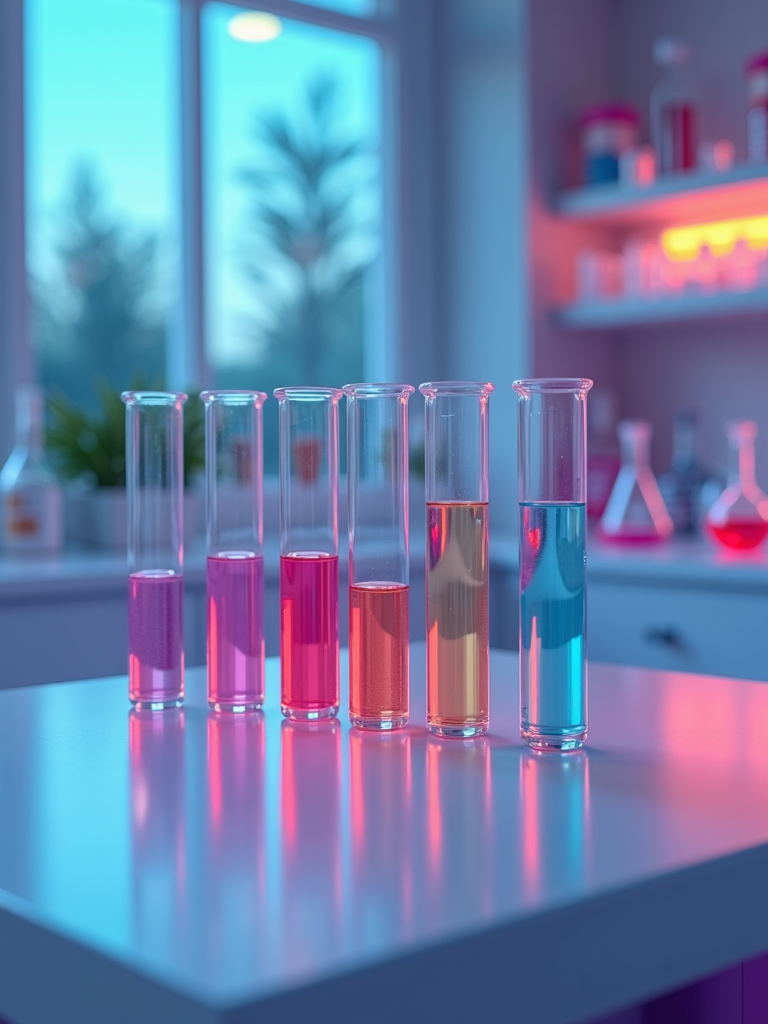 A row of test tubes, each filled with a different colored liquid, is illuminated by blue and pink light in a modern laboratory setting.