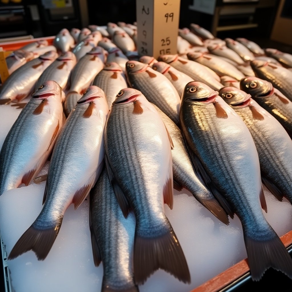 Fresh fish displayed on ice at a market. Various fish species are neatly arranged. Each fish has a shiny appearance and distinct colors.