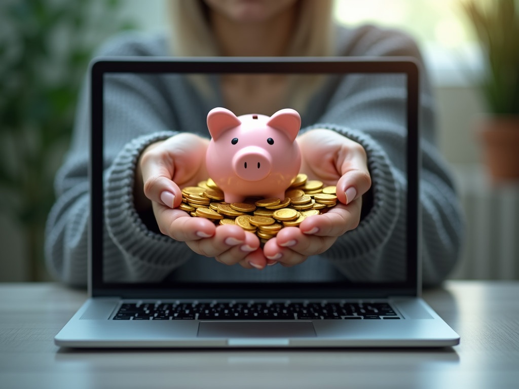 Stock photo showing a laptop displaying hands holding coins. Screen creates a 3D effect with coins spilling out. The piggy bank symbolizes savings. Image represents online banking and digital finance management.