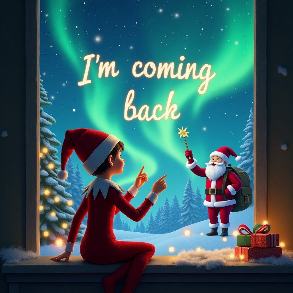 A magical Christmas scene depicting an elf on the shelf with its back to the viewer, facing towards the sky. The elf is using a wand to write 'I'm coming back' in the sky. In the background, stunning northern lights illuminate the night sky. Santa Claus is depicted cheerfully, adding to the festive atmosphere. The scene is framed by a cozy window adorned with holiday decorations, including a Christmas tree and wrapped gifts. Overall, the image radiates warmth and the joy of the Christmas season.