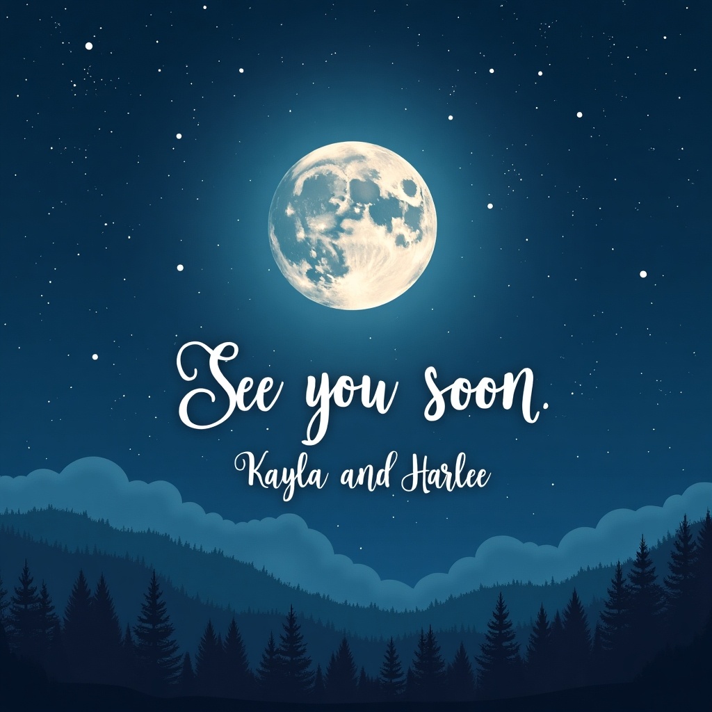 The image depicts a serene night scene with a full moon brightly shining against a tranquil blue sky. Clouds gently float below the moon, creating a cozy atmosphere. The foreground features silhouettes of pine trees, enhancing the natural beauty of the setting. Elegant, calligraphic text reads 'See you soon Kayla and Harlee', adding a personal touch to the artwork. This scene evokes feelings of calmness and nostalgia, perfect for a farewell or greeting card.