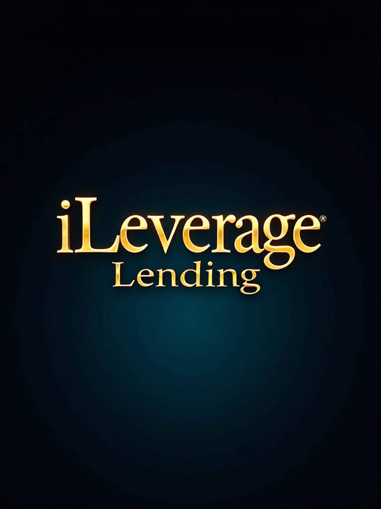 The image features the golden 'iLeverage Lending' text in shiny Libre Baskerville bold. The text reflects blue and teal light creating a glossy effect. The background is dark emphasizing the vibrant text colors. This design conveys luxury and professionalism.