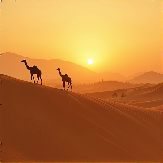 Two camels walk on sand dunes with the sun setting in the background.