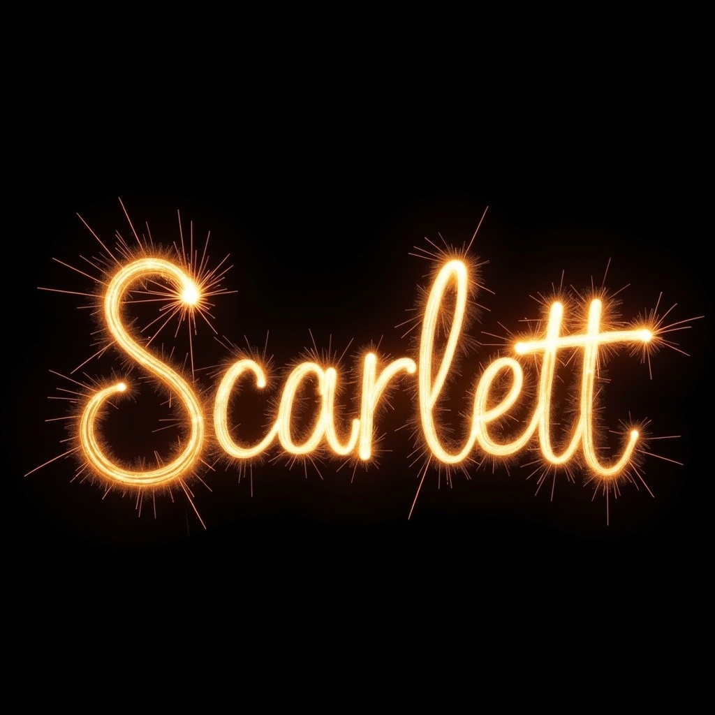 The image features the name 'Scarlett' beautifully written in swirly gold letters created by a sparkler. The background is black, highlighting the bright, glowing effect of the sparkler. The letters have a whimsical and festive feel, making it suitable for celebration themes. The sparks radiate outward from the text, adding a dynamic element to the composition. This type of artistic representation creates an inviting and cheerful vibe, ideal for invitations or themed parties.