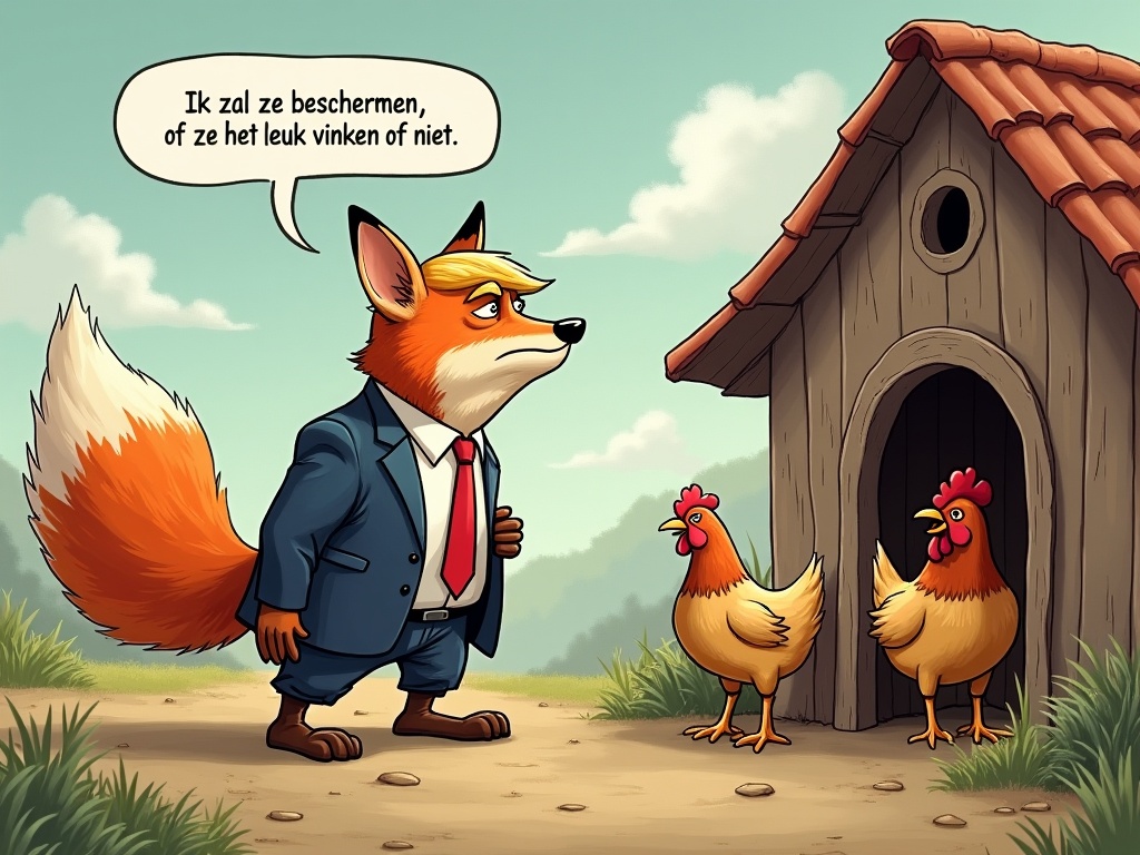 The image features a caricature of a fox dressed in a suit, echoing familiar political figures. The fox stands confidently near a chicken coop, expressing a sense of authority. It says, 'Ik zal ze beschermen, of ze het leuk vinden of niet,' highlighting a humorous take on protection and responsibility. The chickens appear slightly apprehensive. The background is vibrant and rural, conveying a playful and engaging atmosphere. This cartoon blends humor with political commentary, making it visually appealing and thought-provoking.