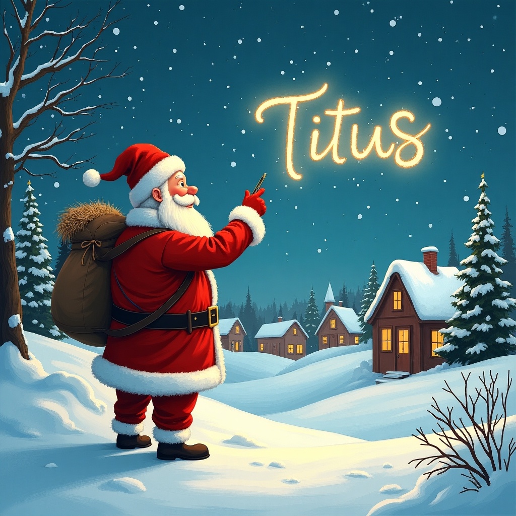 The image depicts Santa Claus in a snowy village. He is joyfully writing the name 'Titus' in the sky with a glowing stick. Santa is dressed in his classic red suit and carrying a big sack on his back. Surrounded by a peaceful village with cozy houses, the scene is vibrant and festive. The atmosphere is magical, showcasing the essence of the holiday season.