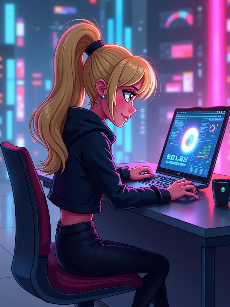 Cartoon-style illustration of a female character with blonde ponytail. Character sits at a desk working on a laptop. Character wears black outfit. Setting features neon-lit futuristic background with glowing lights. Aesthetic is tech-focused or cyberpunk. Overall vibe is colorful and energetic.