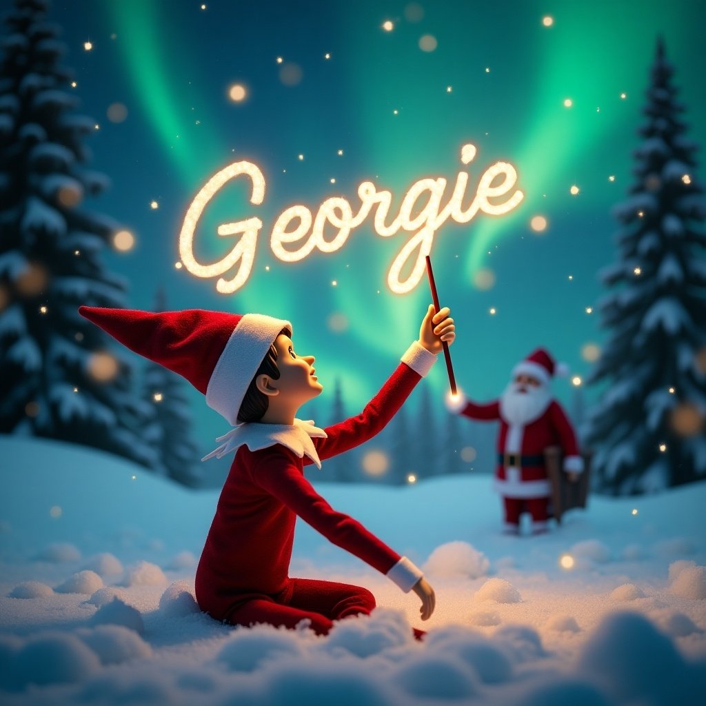 Enchanting Christmas scene features an elf on the shelf. Elf sits with back to viewers, gazing upwards. Using wand to write name 'Georgie' in night sky. Stunning northern lights decorate background. A distant Santa Claus is present. Ground covered in snow creates serene winter wonderland. Captures holiday joy and wonder.