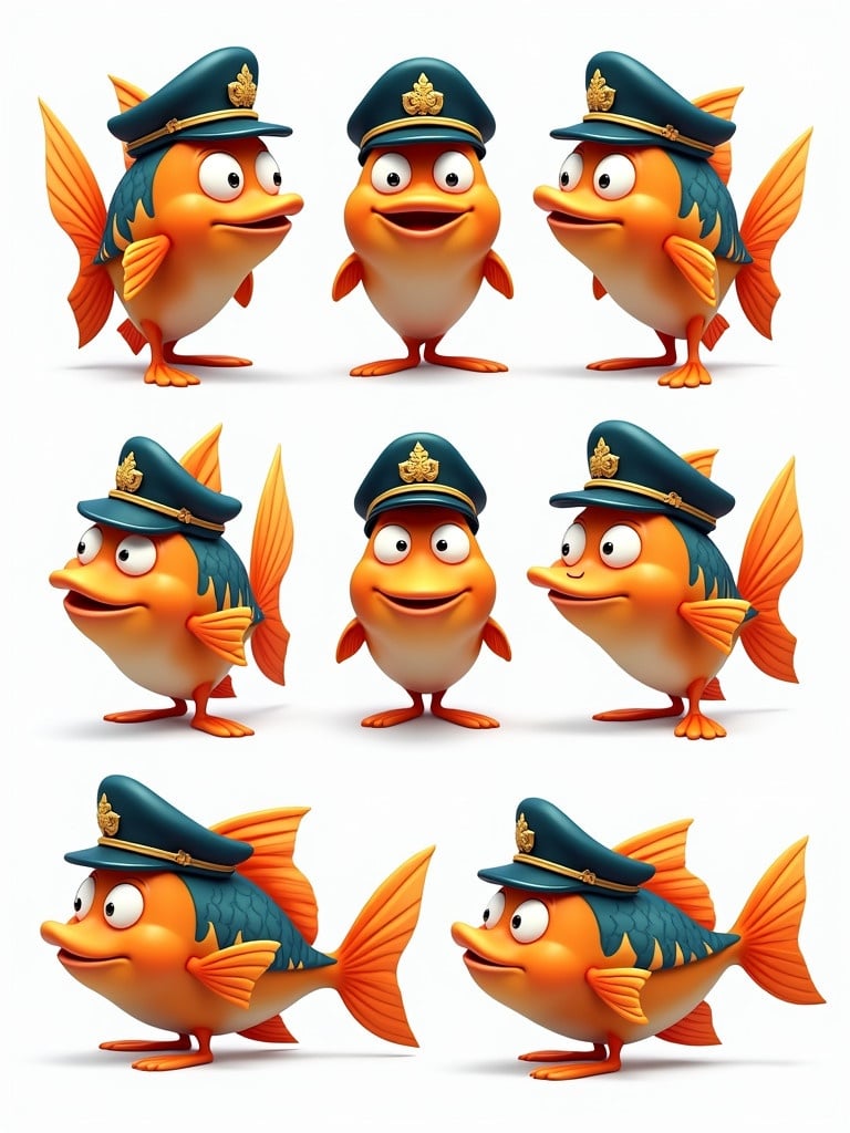 Character design showcasing a cartoon army fish in different angles. Fish appears colorful and dopey. Uniform includes a cap. Bright and cheerful appearance.