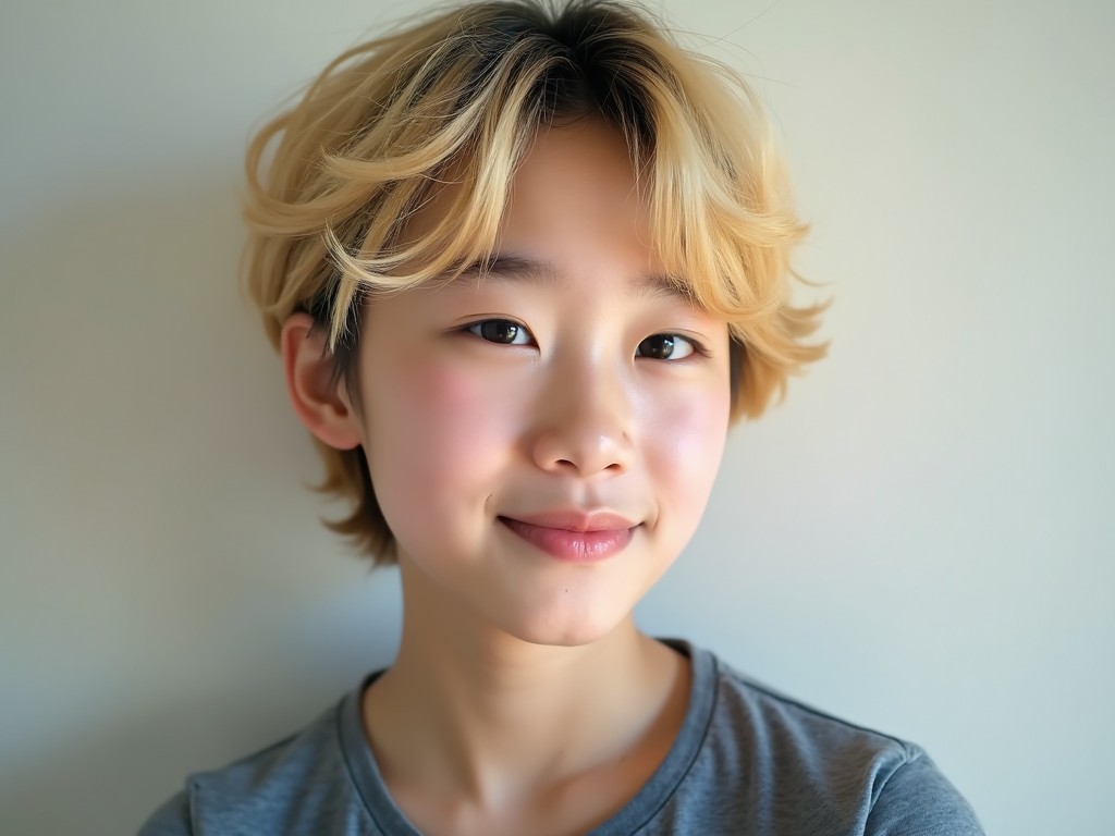 The image features a fresh-looking young person from Korea with short, messy blonde hair. They are smiling softly, giving off a friendly and approachable vibe. The background is a light shade, enhancing the warmth of their complexion. The person's casual attire adds to the relaxed atmosphere. Overall, the photo conveys a sense of youthfulness and natural beauty.