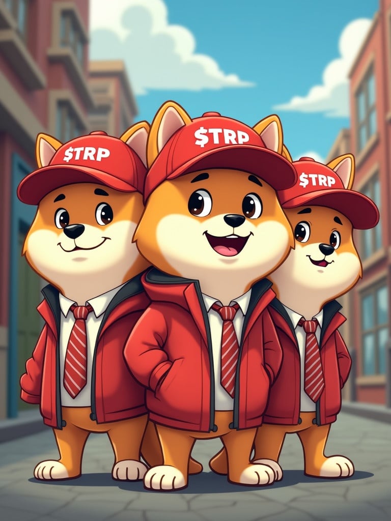 Animated cartoon characters of Shiba Inu dogs as political figures. Each character wears a red baseball cap labeled $TRP. The dogs exhibit a friendly demeanor in a lively urban setting.