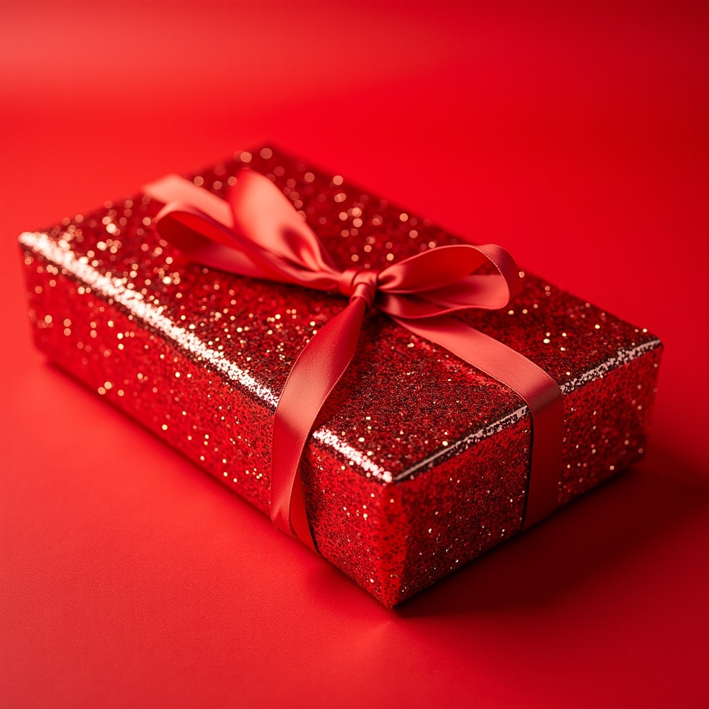 The image features a beautifully wrapped gift box adorned with bright glittery red wrapping paper. A shiny red ribbon is elegantly tied around the box, creating a festive appearance. The background is a monochromatic red, enhancing the overall vibrant look. The glitter on the wrapping paper adds a touch of sparkle and excitement. This setting evokes feelings of joy and celebration, making it ideal for holiday-themed promotions.