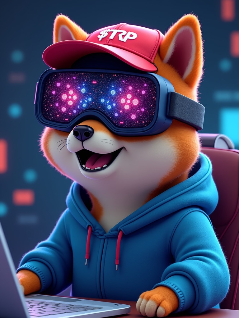 Animated cartoon character Shiba dog wears red baseball cap $TRP. Dog is in luxurious blue hoodie. Character plays virtual video game using futuristic VR headset. Headset shows colorful patterns resembling neural connections. Background features dark abstract digital elements.