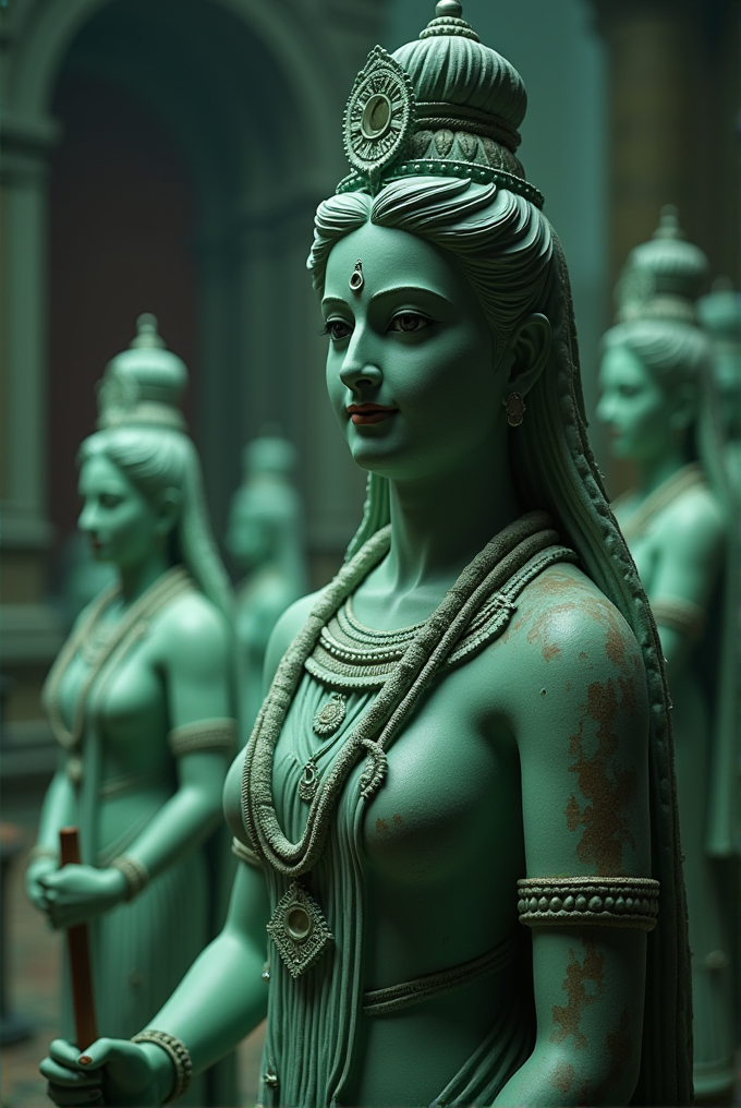 The image shows a detailed statue of a serene figure with intricate jewelry and a calm expression.