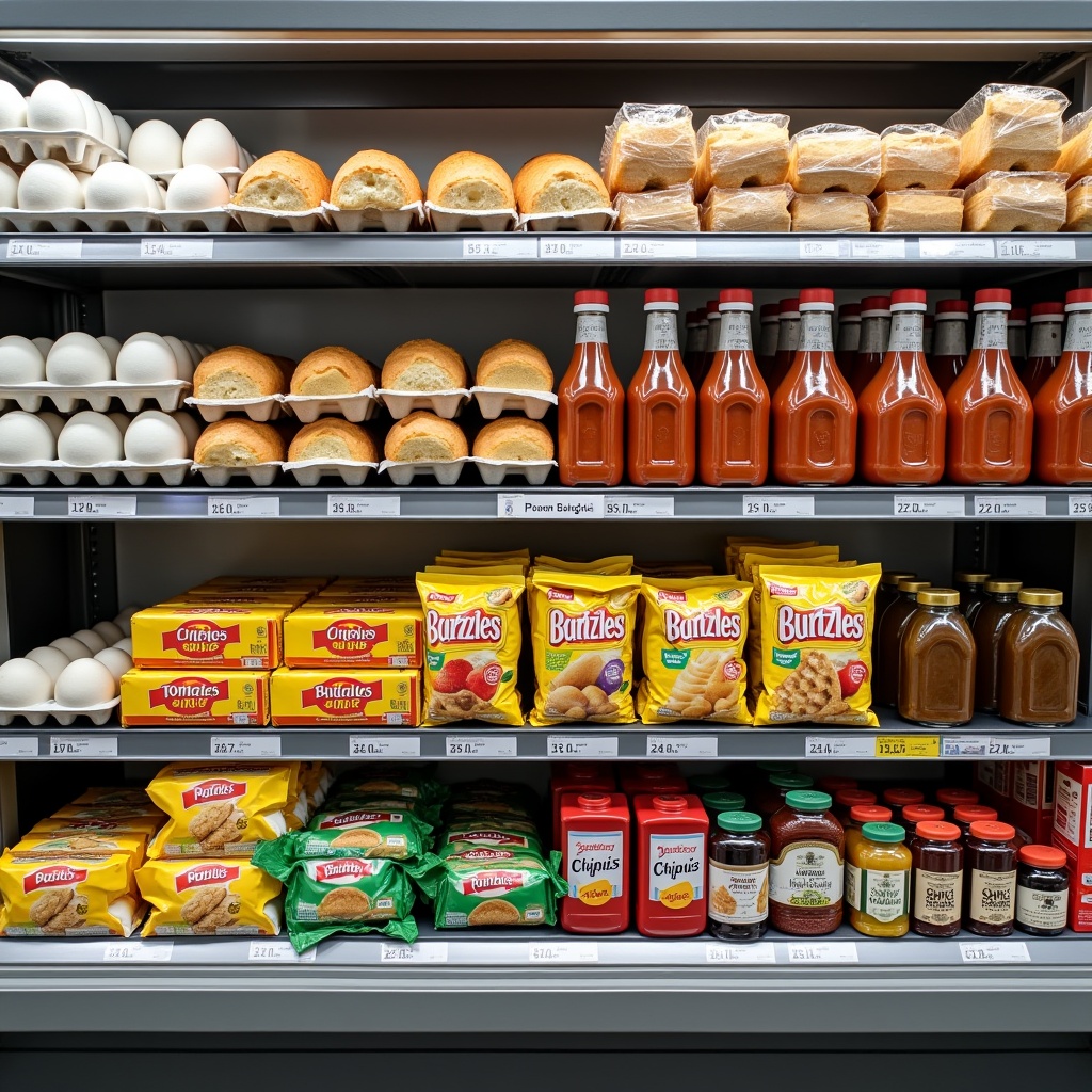 A supermarket shelf with a clean and organized display. The top shelf contains neatly arranged packs of eggs on the left and loaves of bread on the right, separated evenly in the row. The second shelf showcases bottles of tomato sauce on the left and containers of cooking oil on the right, leaving equal space between them. The third shelf has blocks of butter stacked on the left and packets of biscuits lined up on the right, maintaining a balanced arrangement. The fourth shelf displays colorful packets of chips on the left and jars of jam on the right, with an equal division of space in the row. The shelves are typical supermarket-style with price tags below each section and bright lighting highlighting the products.