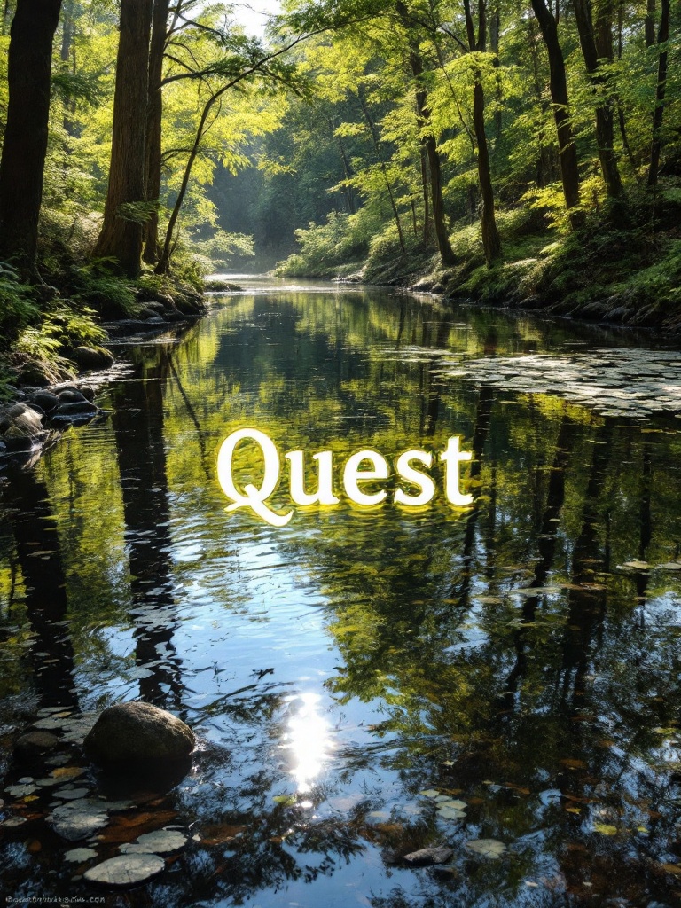 A tranquil forest scene featuring a calming river. Sunlight streams through trees illuminating the surface of the water. The word 'Quest' is beautifully reflected in the calm flows. Impression of mystery and adventure is present. An invitation to explore one's personal journey and dreams.