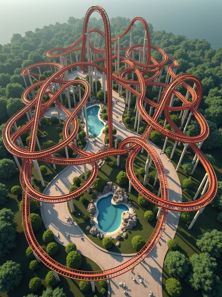 An aerial view of a roller coaster track layout. The layout features intricate loops and twists. Surrounding the track are green trees and a pool area with rocks. The image captures the excitement of a theme park attraction.