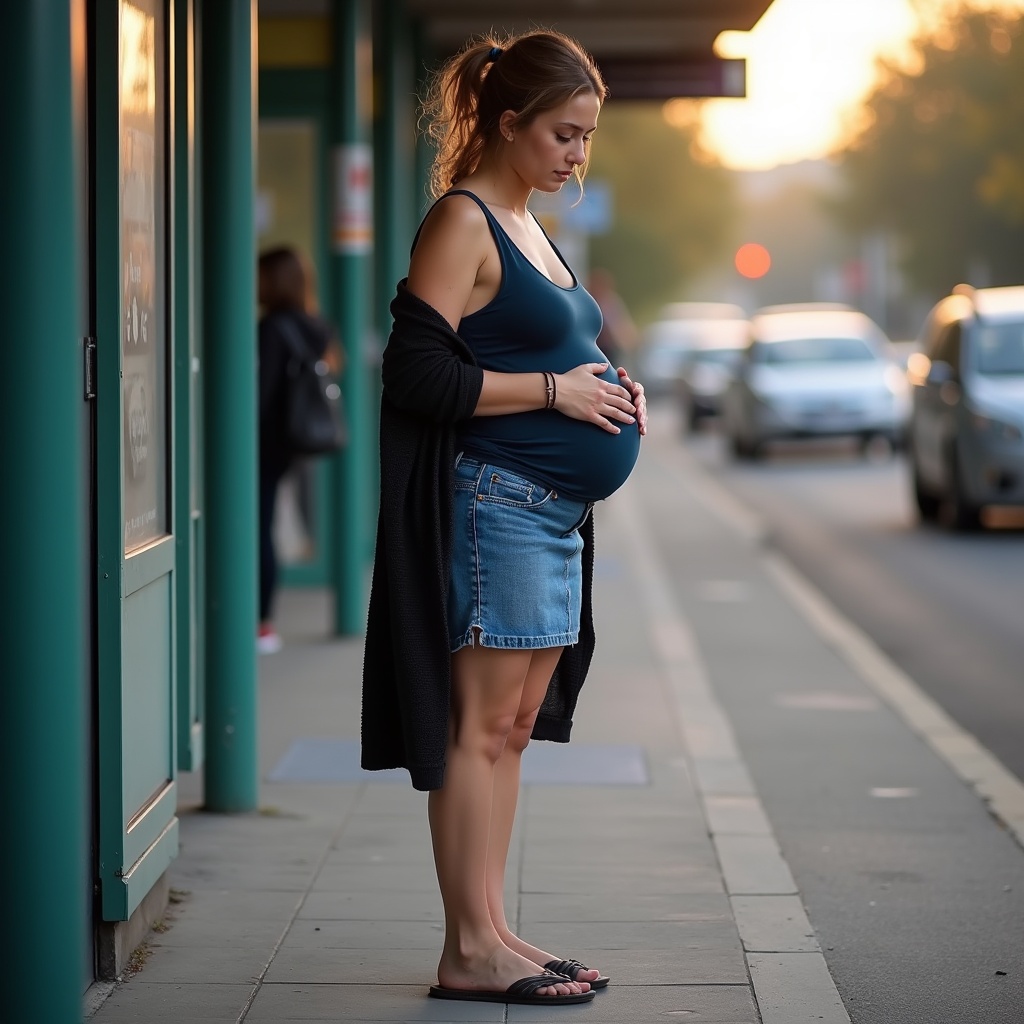 A pregnant woman stands on a street sidewalk during sunset, gently holding her belly and looking contemplative.