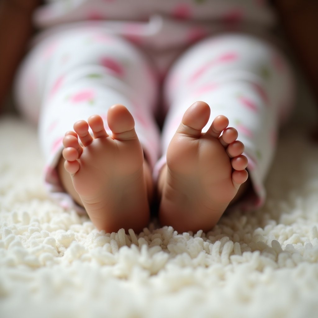 This image focuses on the feet of a young girl seated on a soft, light-colored carpet. Her adorable feet, with lightly polished toes, are the main attraction. She is dressed in charming floral-print pajamas, adding to the innocence of the moment. The soft, natural lighting enhances the delicate features of her feet. The overall ambiance conveys warmth and care, ideal for discussing children's foot health and well-being.