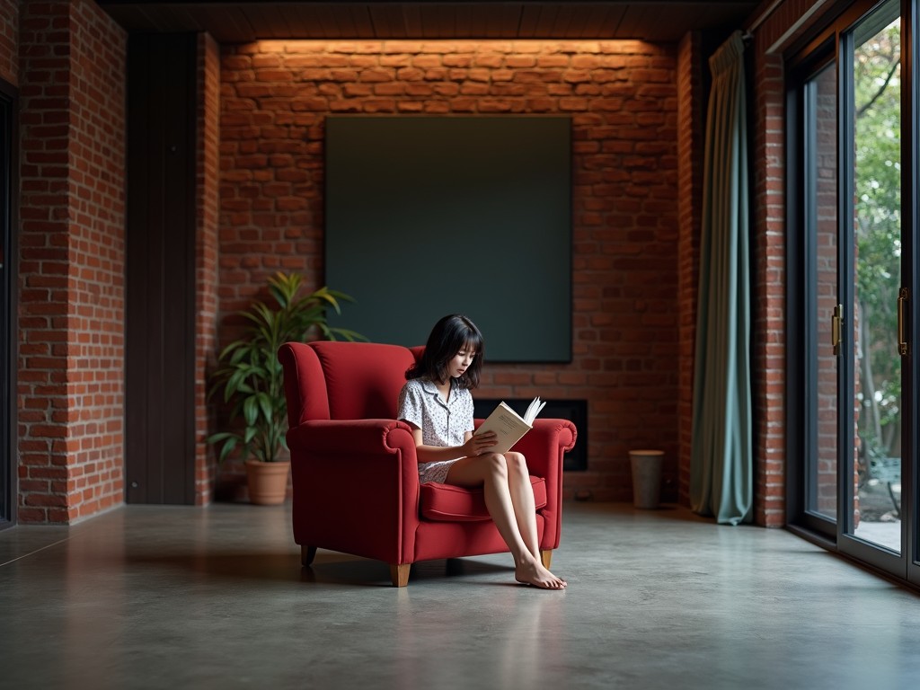 A young woman is peacefully reading a book while seated in a plush red armchair. The setting is a cozy, modern interior with exposed brick walls and large windows that bathe the room in natural light. A potted plant adds a touch of greenery, and the minimalist decor creates a calm and serene atmosphere.