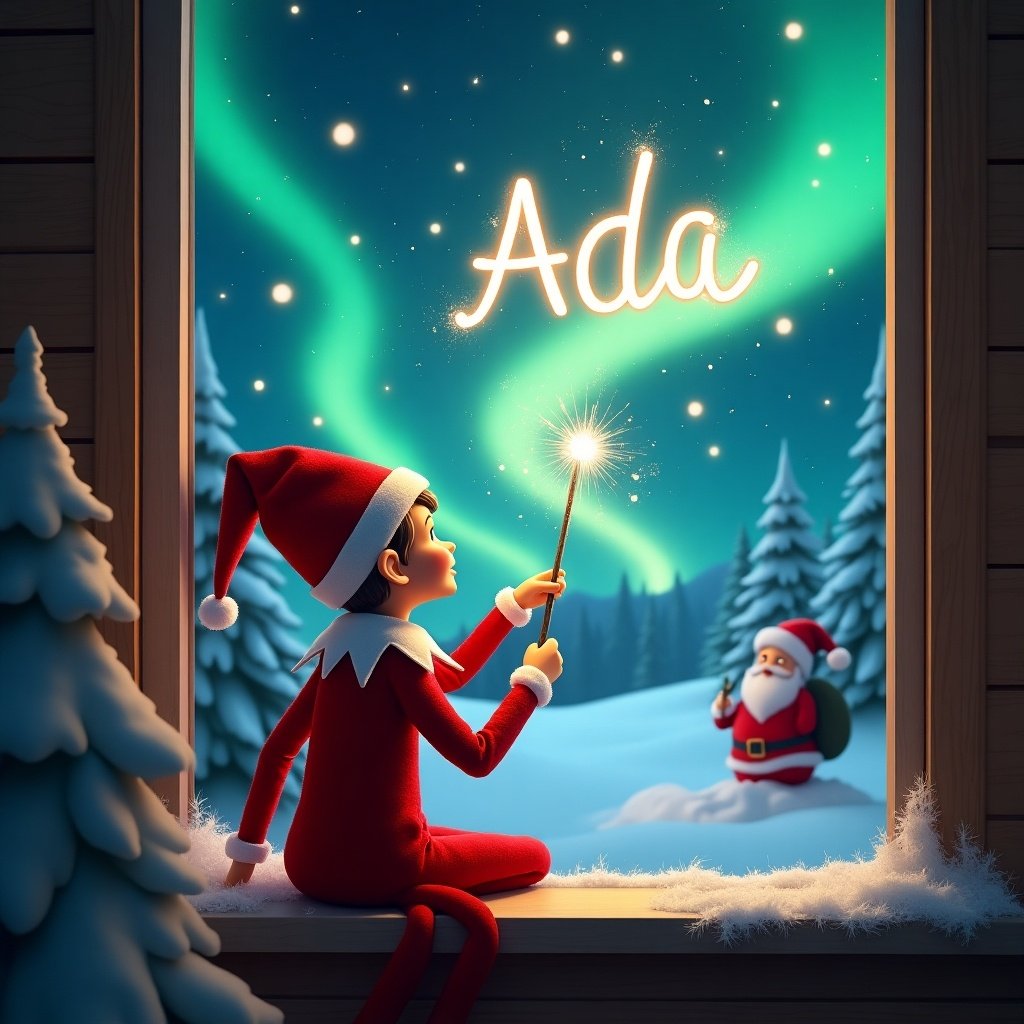 An elf on a shelf sits on a window ledge. The elf writes 'Ada' in the sky with a wand. Enchanting northern lights are in the background. Snowy trees are nearby. Santa Claus is visible in the distance. The scene conveys a heartwarming holiday spirit.