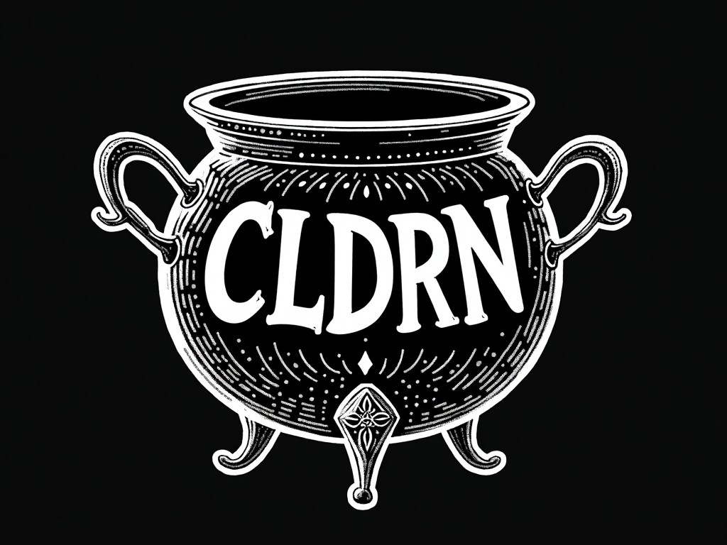 This image features a beautifully illustrated cauldron in black and white. The cauldron is detailed with elegant lines and design elements. Prominently displayed within the cauldron is the text 'CLDRN' in a stylized font. The overall aesthetic gives off a vintage or mystical vibe, suitable for witchcraft or potion themes. The high contrast between the black cauldron and white text makes it striking and visually appealing.