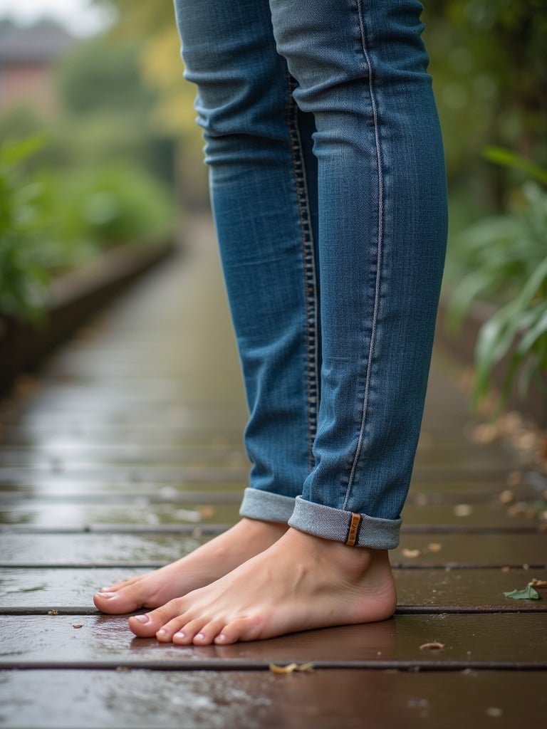 Foot of a woman wearing denim jeans standing barefoot on a wet wooden surface in an outdoor setting. The background features greenery and wooden planks.