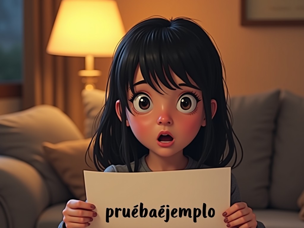 A girl with glossy black hair is sitting in a cozy living room. She has a surprised expression, with large expressive eyes. In her hands, she holds a piece of paper that reads 'pruebaejemplo'. The background features warm lighting from a lamp and soft furniture, enhancing the atmosphere. The overall feel of the image is inviting and personal. The girl's attire is casual, contributing to the relatable appearance of the scene.