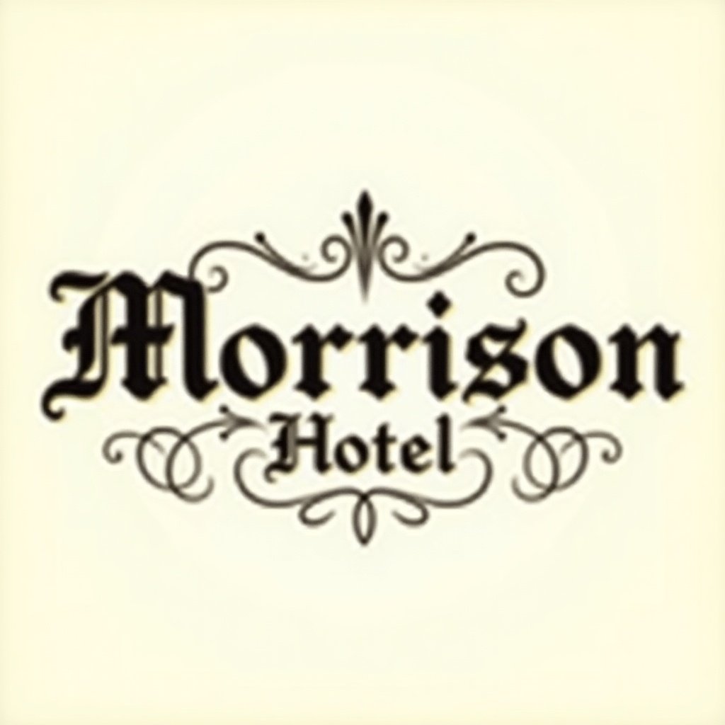 Image features 'Morrison Hotel' in elegant medieval style. Letters are black on soft cream background. Surrounding typography are intricate flourishes. Design conveys elegance and classic style.