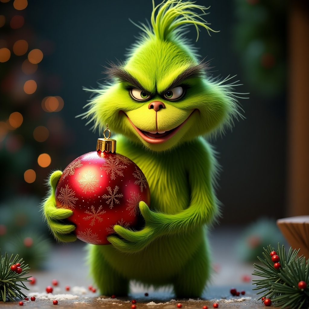 A character resembling the Grinch holding a decorative Christmas bauble surrounded by festive elements. The scene is vibrant with holiday colors and lighting, creating a joyful atmosphere.