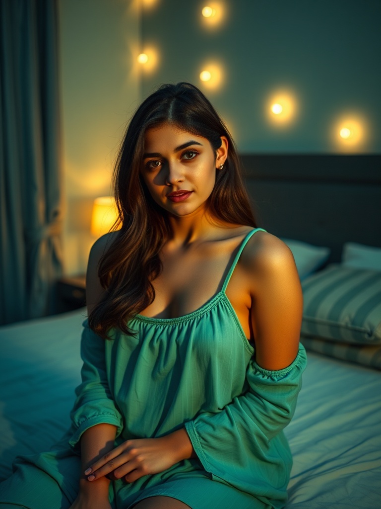 A woman in a green dress sits on a bed, softly illuminated by warm, glowing lights in a dimly lit room.