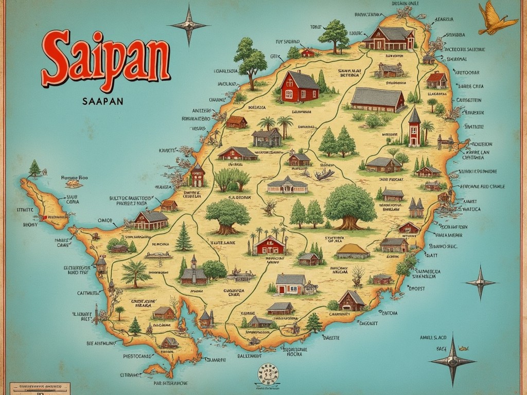 This image is a colorful illustrated map of Saipan in the Northern Mariana Islands. It features various landmarks, towns, and points of interest, each represented with unique icons. The map showcases the island's natural beauty and cultural heritage, using vibrant colors to attract attention. It's designed to be informative, serving both as a guide for tourists and a representation of local charm. The layout is inviting and friendly, making it appealing for those interested in visiting the island.