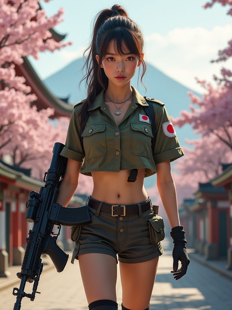 Young woman strides confidently toward camera wearing military-style mini shirt and shorts. She holds a sleek rifle in one hand. Japanese flag patch on her shoulder. Background features cherry blossoms, traditional temples, and Mount Fuji in distance. Scene illuminated with cinematic lighting creating dramatic atmosphere.