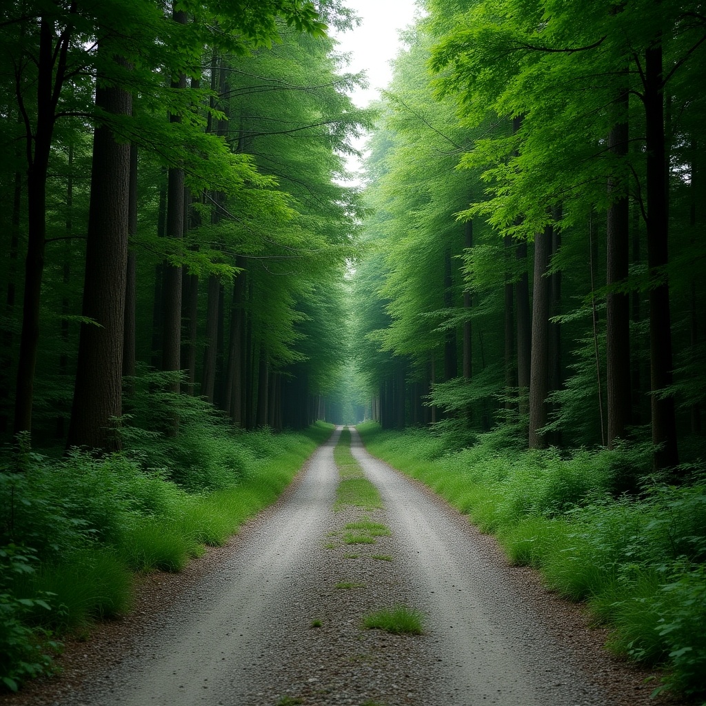 A serene gravel road goes through a deep forest, capturing nature's tranquility. The road fills three-quarters of the image, leading the viewer's eye into the lush greenery. Tall trees on either side create a canopy, with soft light filtering through the leaves. The overall atmosphere is peaceful and inviting, perfect for nature lovers. This scene evokes a sense of adventure and calm as it beckons exploration.