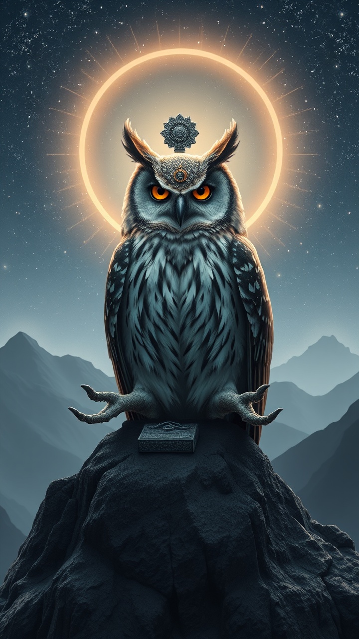 This digital artwork features an owl perched majestically on a rocky peak, its eyes glowing with a mystical orange hue. A radiant halo surrounds the owl, emphasized by a luminous celestial emblem above its head. The night sky, dotted with stars and the silhouette of distant mountains, creates an ethereal ambiance.