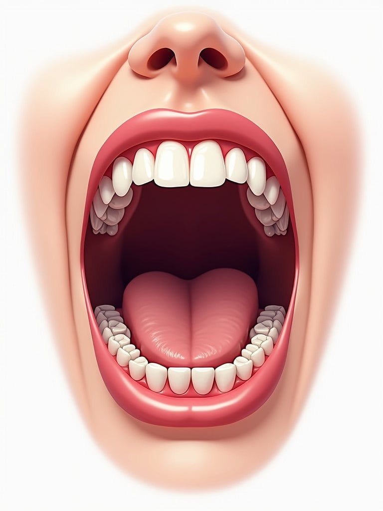 Illustration details human mouth including teeth and lips. Focus on dental aesthetics. Bright colors used to convey a healthy mouth appearance.