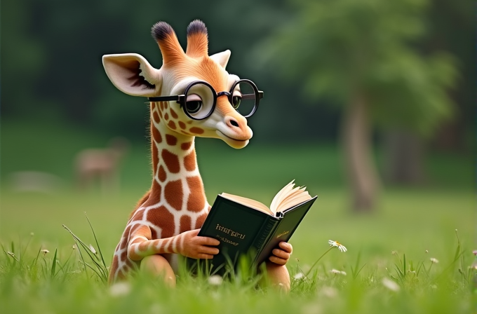 A cute cartoon giraffe with glasses is sitting on the grass, reading a book.