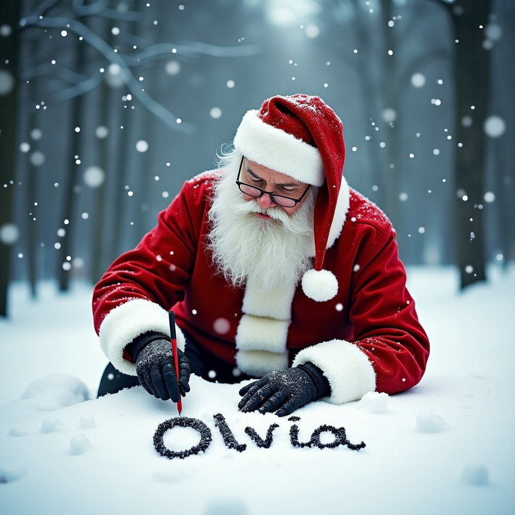 Santa Claus writes the name Olivia in snow. Setting is a snowy forest. Santa wears a traditional outfit with a red coat and white fur trim. Snowflakes gently fall around. Writing is large and clear.