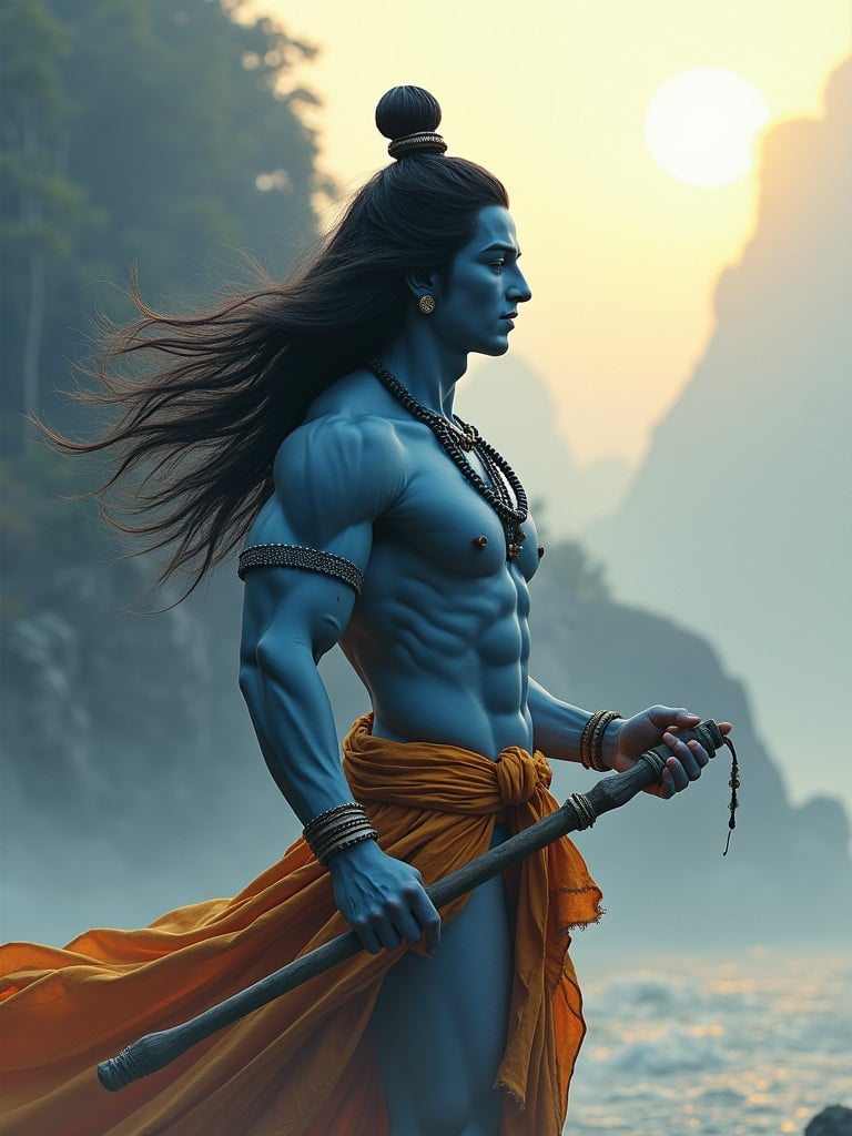 Portrayal of a bodybuilding figure representing Lord Shiva. Blue body color with flowing black hair. Holding a Trishul in a side view. Cloth flowing in fast wind. Set against a beautiful nature background. Soft morning sunlight creates an ethereal effect.