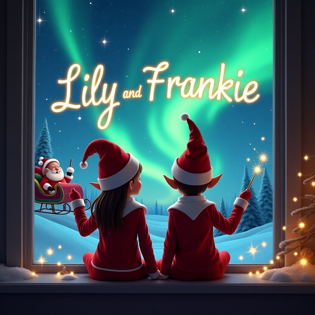 The image features two adorable elves, sitting on a window ledge with their backs towards us. They are gazing at the beautiful northern lights illuminating the night sky. The landscape outside is covered in snow, with sparkles from stars enhancing the magical scene. In the distance, Santa Claus is seen in his sleigh, adding to the festive spirit. Each elf wears a classic red outfit, complete with pointed hats, emphasizing the seasonal theme. One of the elves is using a wand to write the names 'Lily and Frankie' in shimmering letters above them, creating an enchanting atmosphere.