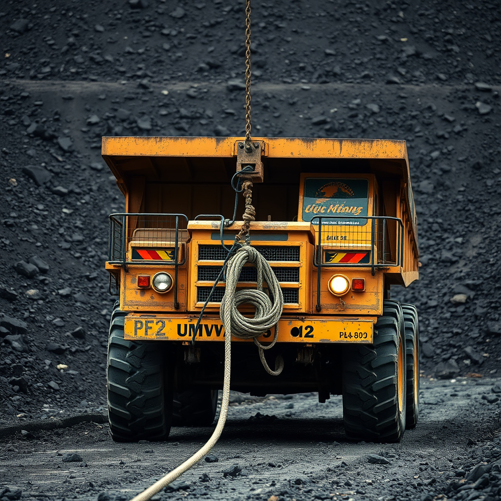 A large yellow mining truck with massive tires, a thick rope hanging from the front, is stationed on black, rocky terrain.