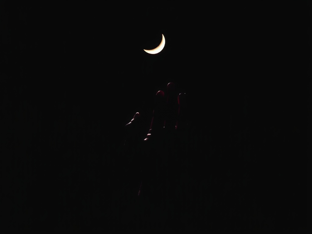 A silhouetted hand reaching towards a crescent moon in a dark sky.