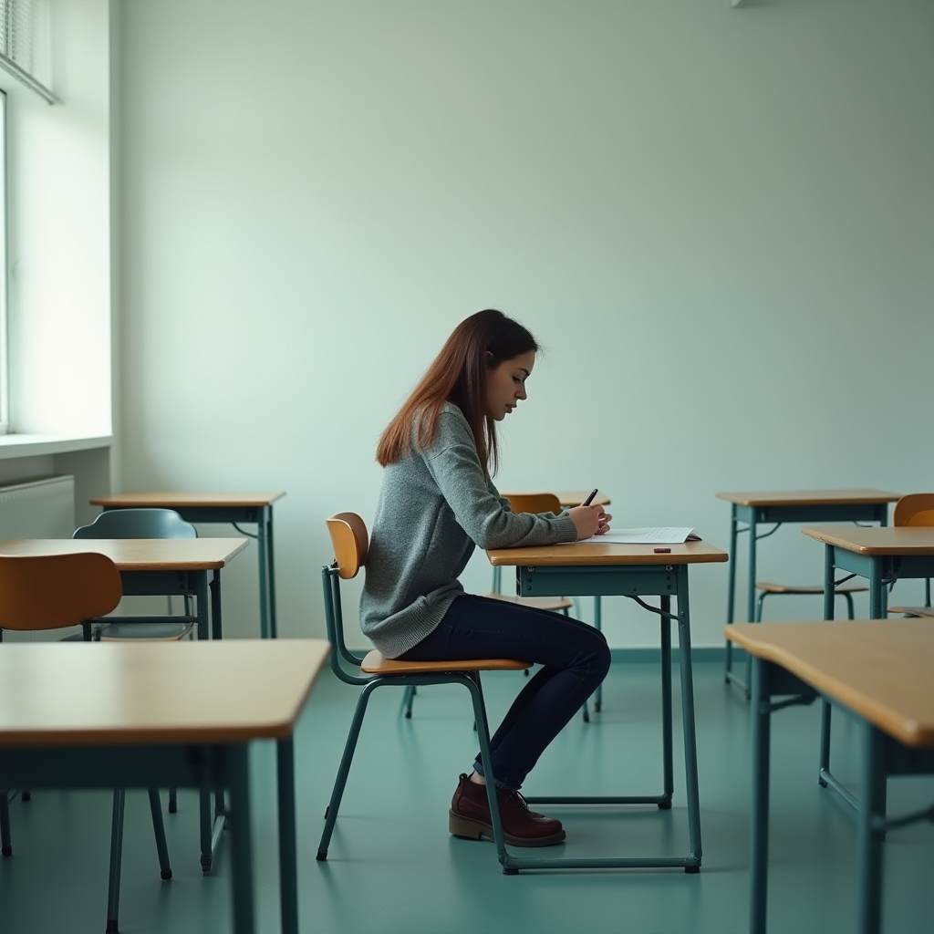 A young woman sits alone at a desk in a minimalist classroom, focused on writing.